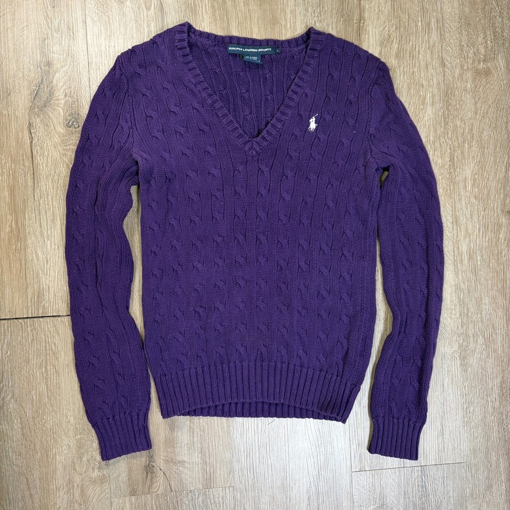 Ralph Lauren Sport Cable Knit Sweater V Neck Purple Youth Large 100% Cotton